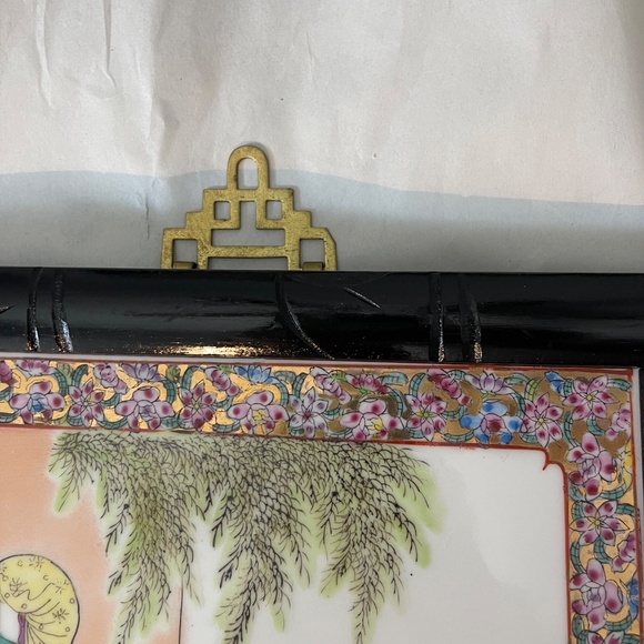 Framed Vintage Chinese Famille Rose Porcelain Plaque in Bamboo Style Frame - Picture 4 of 7